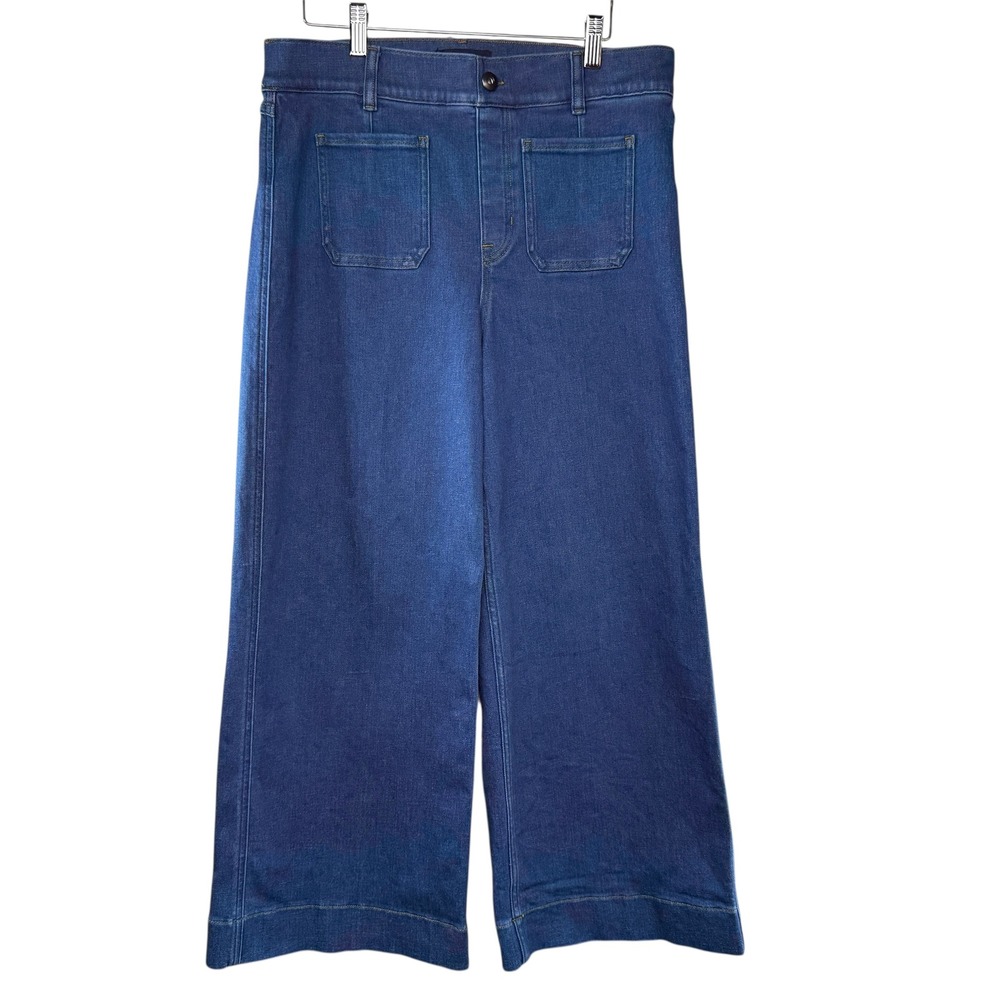 SPANX shape EveryWearCropped Wide Leg Jeans Size L‎ Patch Pockets Washed Blue